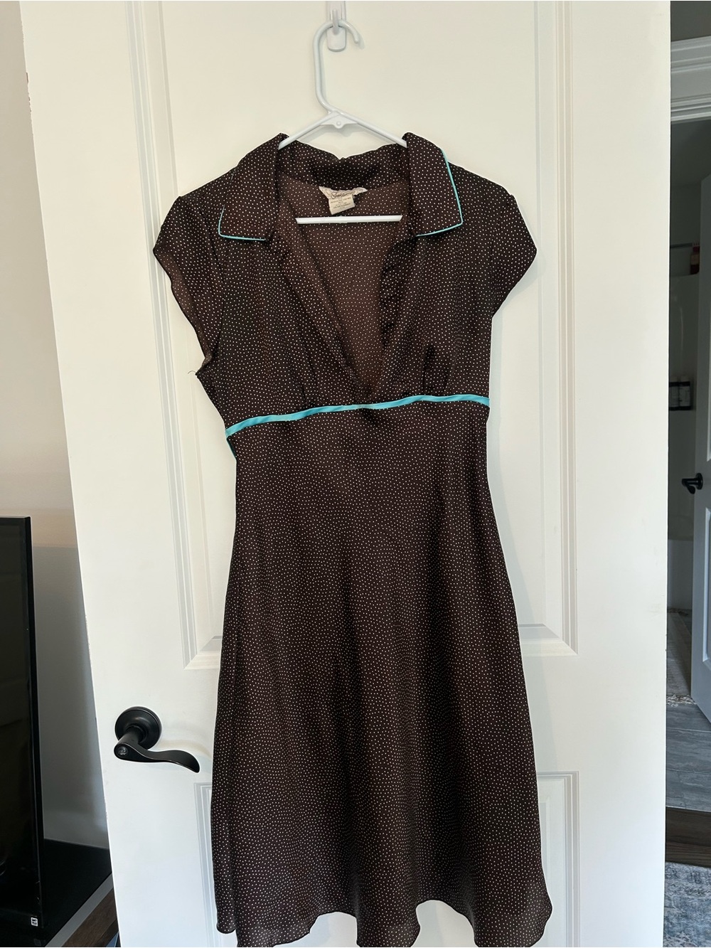 Brown Polka Dot Cap-Sleeve Dress with Turquoise Trim